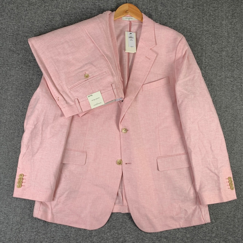Banana Republic Suit Men 46R Pink Linen Unstructured 38x30 Herringbone NEW
